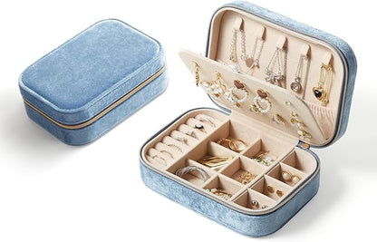 CASEGRACE Plush Velvet Travel Jewelry Box, Portable Jewelry Case for Women Girls, Double Layer Jewelry Organizer Display Box for Necklace Earring Rings Bracelet, Travel Accessory Gifts, blue