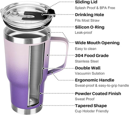 20 oz Tumbler with Handle, Stainless Steel Insulated Tumbler with Lid and Straw, Double Wall Vacuum Coffee Mug Tumbler, Insulated Coffee Thermal Cup for Cold and Hot (Light Dark Purple, 20, ounces)