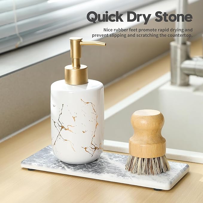 Razborci 2PCS Bathroom Sink Vanity Trays, Water Absorbing Diatomite Stone Quick Drying Mat for Kitchen Counter, Dish Rack Dispenser Sponge Holder Caddy Organizer, Marble Crack, 9"x3.5"