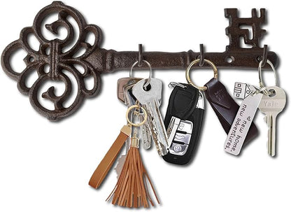 Comfify Cast Iron Skeleton Key Holder for Wall - Decorative Farmhouse Rustic Wall Mount Key Organizer - 3 Key Hooks - Vintage Key Rack for Entryway with Screws & Anchors – 10.8 x 4.7 - Brown