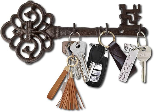 Comfify Cast Iron Skeleton Key Holder for Wall - Decorative Farmhouse Rustic Wall Mount Key Organizer - 3 Key Hooks - Vintage Key Rack for Entryway with Screws & Anchors – 10.8 x 4.7 - Brown