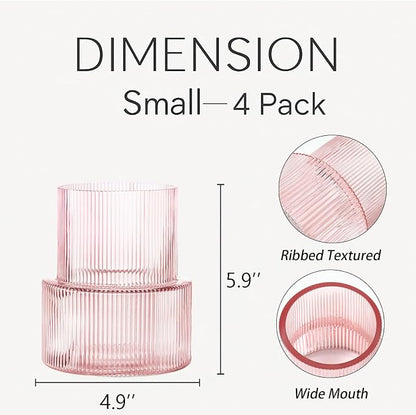 Ribbed Glass Vases, Set of 4 Small Vases for Flowers, Pink Glass Vase for Tulips, Modern Vase for Living Room, Kitchen, Office, Entryway, Bookshelf, Wedding Gifts, Birthday, 6 Inches