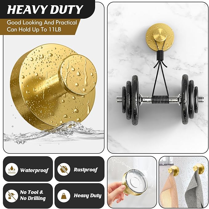 MOTAIPEAK Suction Cup Hooks for Shower,Removable Shower Towel Suction Hooks for Bathroom Wall,Kitchen,Glass,Mirror,Tile to Hang Robes,Loofah-Gold(4-Pack)