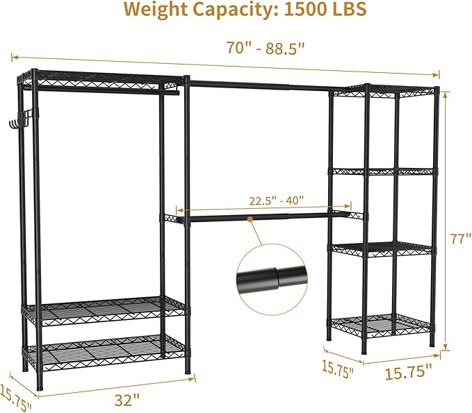 Heavy Duty Garment Rack Clothes Rack,Large Metal Closet Organizer System Storage Wardrobe,Freestanding Clothing Rack with 9 Adjustable Wire Shelves&3 Hang Rods,MaxLoad 1500lbs