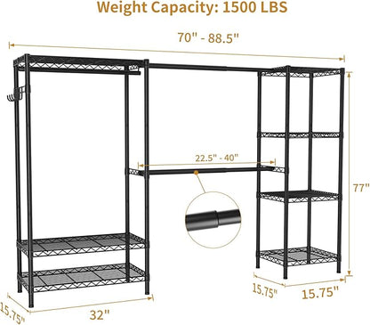 Heavy Duty Garment Rack Clothes Rack,Large Metal Closet Organizer System Storage Wardrobe,Freestanding Clothing Rack with 9 Adjustable Wire Shelves&3 Hang Rods,MaxLoad 1500lbs