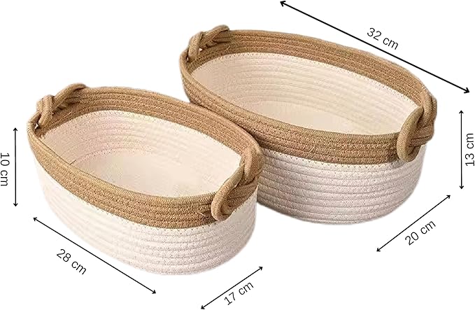 Set of 2 Cotton Woven Baskets 100% – Decorative Storage Set, Easy to Carry, Modern Design in Beige or Gray, Ideal for Bathroom, Bedroom, Living Room, Nursery & Gift Giving