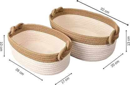 Set of 2 Cotton Woven Baskets 100% – Decorative Storage Set, Easy to Carry, Modern Design in Beige or Gray, Ideal for Bathroom, Bedroom, Living Room, Nursery & Gift Giving