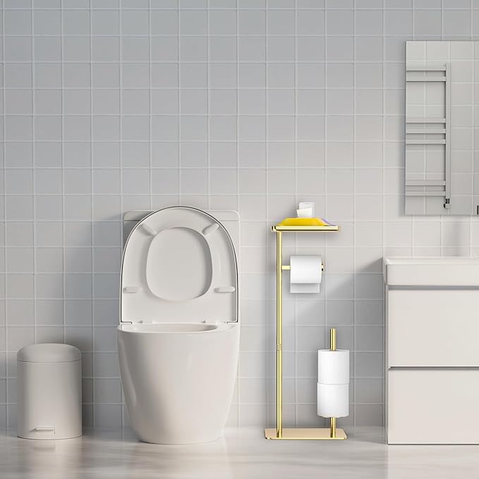 Day Moon™ Gold Toilet Paper Holder Free Standing Toilet Paper Holder with Storage - Toilet Paper Stand and Tissue Holder for Bathroom - Toilet Paper Holder with Shelf and Wipe Holder