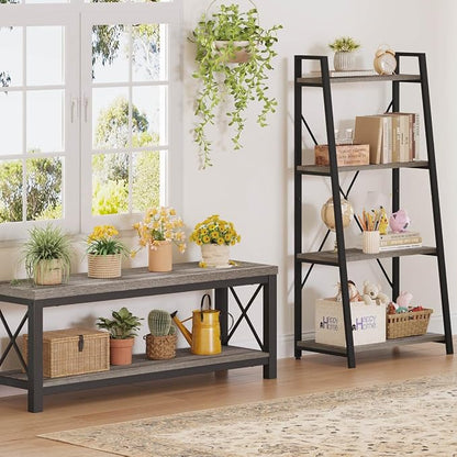 BON AUGURE Ladder Bookshelf, 4 Tier Ladder Shelf Bookcase, Wood Leaning Book Shelves for Living Room, Bedroom, Home Office Shelving Unit (Dark Grey Oak)