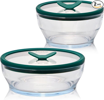 Anyday 4-Piece Medium Glass Food Storage with Glass Lids | Plastic-Free Meal Prep & Microwave Cookware | Stackable Airtight Storage Container with Vented Lid for Microwave-Safe Reheating