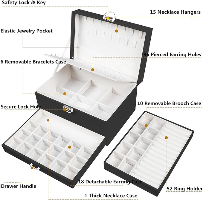 QBestry Earring Jewelry Box for Women Girls Stud Organizer, 5 Layers Black Jewelry Organizer Box With Lock Necklaces and Earrings Holder Jewelry Box with Earring Organizxer for Women Girls Xmas Gifts