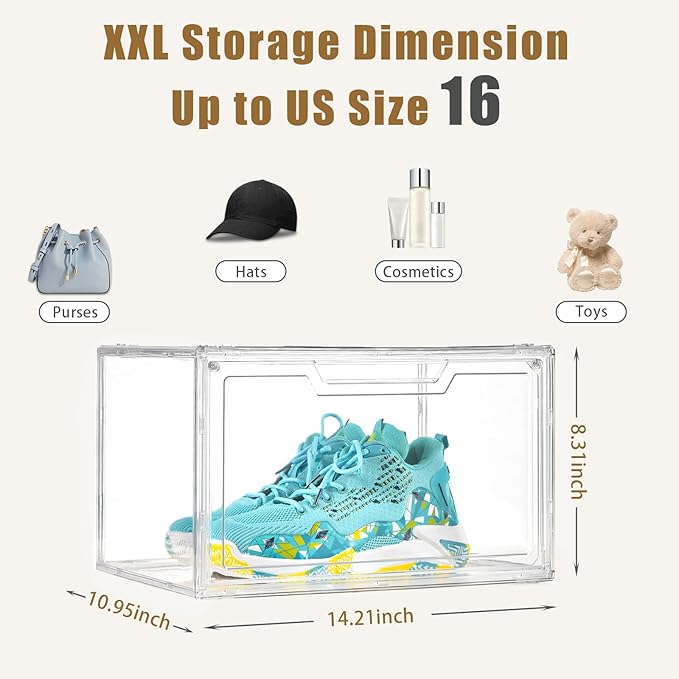 5 Pack Clear Stackable Shoe Organizer Box with Lids, Acrylic Shoes Box with Magnetic Doors, Transparent Shoe Storage Bins Closet Organizers, Shoes Containers For Sneaker Display, Fit up to US Size16