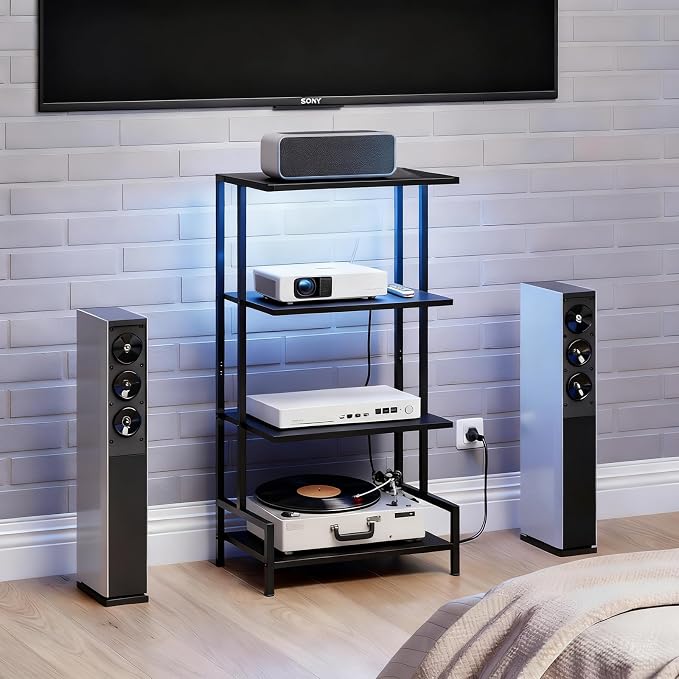 Arbuxzuy 4-Tier AV Media Stand with Power Outlet and LED Lights,Wooden Stereo Stand Cabinet,Game Console Shelf for Small Space,Audio Rack Stand Tower Ideal for Video DVD Players,Xbox