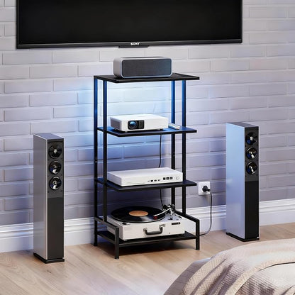 Arbuxzuy 4-Tier AV Media Stand with Power Outlet and LED Lights,Wooden Stereo Stand Cabinet,Game Console Shelf for Small Space,Audio Rack Stand Tower Ideal for Video DVD Players,Xbox