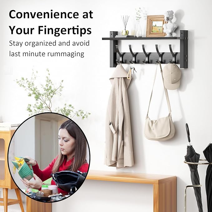 Optish Coat Rack Wall Mount with Shelf, 17.1 Inch Coat Hanger Walls Mounted, Hat Rack for Walls, Shelf with 5 Coat Hooks, Wall Hanger for Entryway (Black)