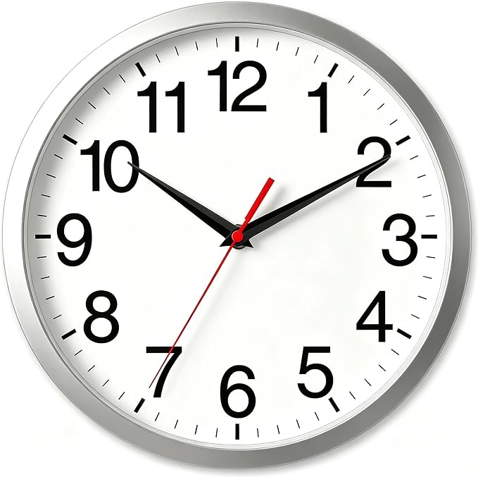 Rohioue Wall Clock Modern 10 Inch Battery Operated Silent Non Ticking Analog Clock Decorative for Bedroom Kitchen Bathroom Office Home Living Room (Silver)