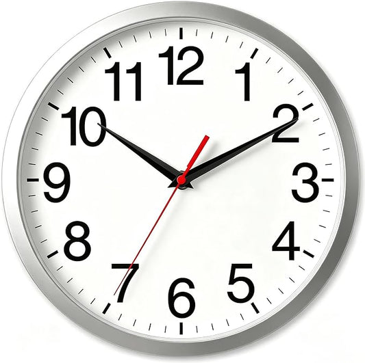 Rohioue 12 Inch Wall Clock Modern Battery Operated Silent Non Ticking Analog Clock Decorative for Bedroom Kitchen Bathroom Office Home Living Room (Silver)