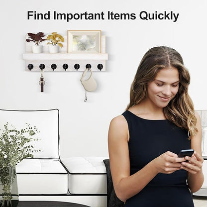 Key Holder Wall Mount, Entryway Key and Mail Holder with 7 Sturdy Hooks for Sunglasses, Dog Leash, Decorative Wall Shelf with Mounting Hardware, 15”W x 6.7”H x 4.2”D