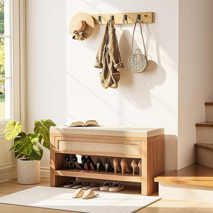 Shoe Bench with Storage Drawer, Farmhouse Wooden Entryway Bench with Linen Cushion, Freestanding Shoe Rack with Open Shelf for Hallway Front Door Living Room Bedroom