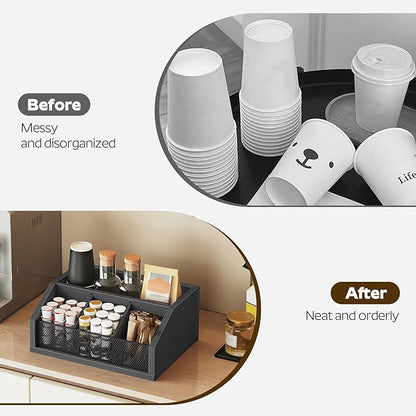YATINEY Coffee Bar Organizer, Wooden Coffee Pod Organizer for Countertop, Versatile Pod Holder with Dividers, Holds Syrup, Cups, Tea Bags, Easy Assembly, Black KH11BB