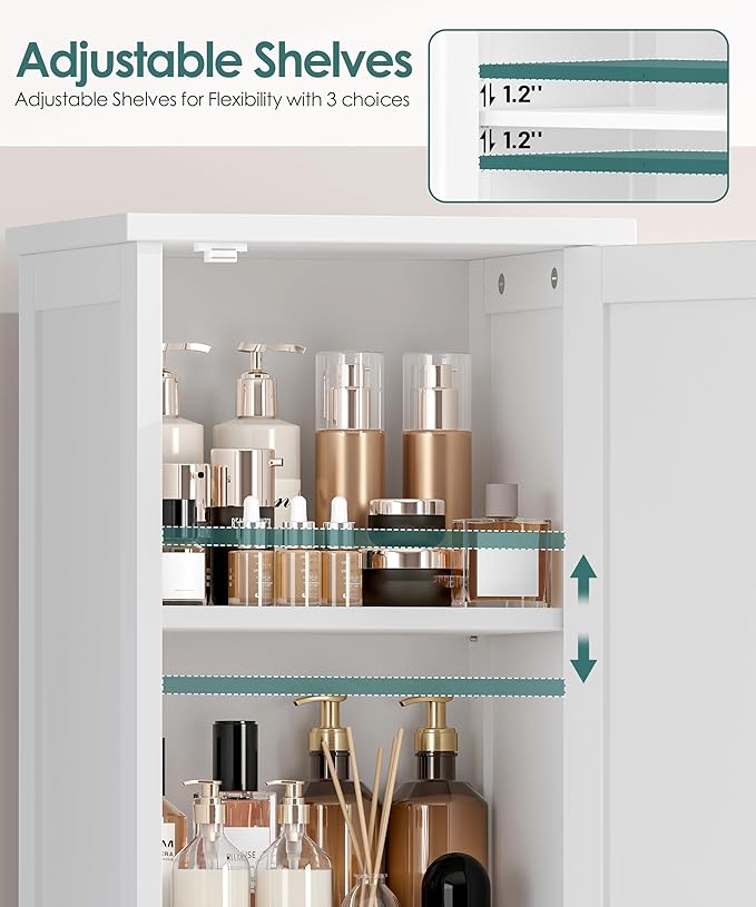 Tall Narrow Bathroom Storage Cabinet, 3-Tier Slim Storage Cabinet with Adjustable Shelves and 3 Doors, Linen Cabinet for Bathrooms, Living Room, Laundry Room, Kitchen, White