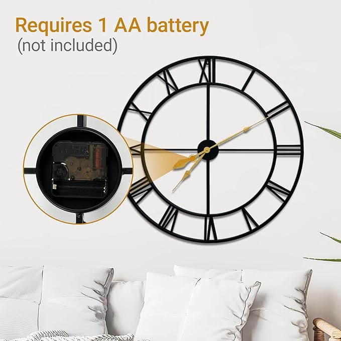 Blorple 36inch/91cm Large Wall Clocks for Living Room Decor,Wall Clocks Battery Operated,Metal,Decorative,Analog,Silent, Non Ticking,Extra Large Wall Clock (Iron Roman Numerals, 36 inches)