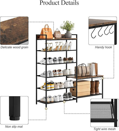 Shoe Rack Bench Storage Organizer for entryway,6-Tier Industrial Free Standing Shoe and Boot Racks with Seat,Entrance Shoe Rack Organizer Shelves for High Heels,Hallways, Closets,Brown,48.7in