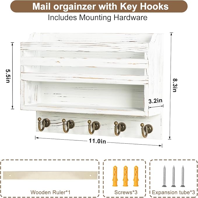 Mail and Key Organizer for Wall – Key Holder Wall Mount with Storage Box and 5 Key Hooks, Mail Holder Wall Mounted for Entryway, Apartment, Office, Home Decor Organization (White)