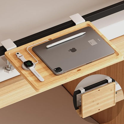 Magheo Bedside Shelf Wood, Foldable Clip-On Bunk Bed Table Shelf for Top Bunk Space Saving Bed Side Table Tray for College Dorm Room Essentials, Loft Nightstand Organizer Tray with 2 Cord Hole
