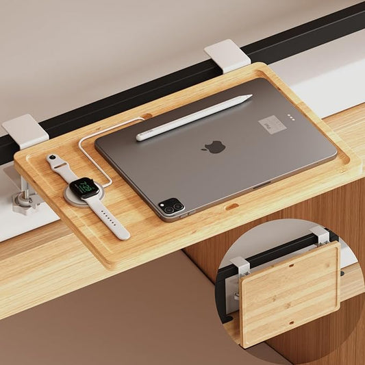 Magheo Bedside Shelf Wood, Foldable Clip-On Bunk Bed Table Shelf for Top Bunk Space Saving Bed Side Table Tray for College Dorm Room Essentials, Loft Nightstand Organizer Tray with 2 Cord Hole
