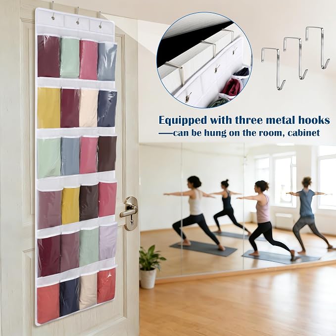 Legging Organizer for Closet，Hanging Yoga Legging Storage with 24 Pockets for Yoga Pants, Tank Top (White)