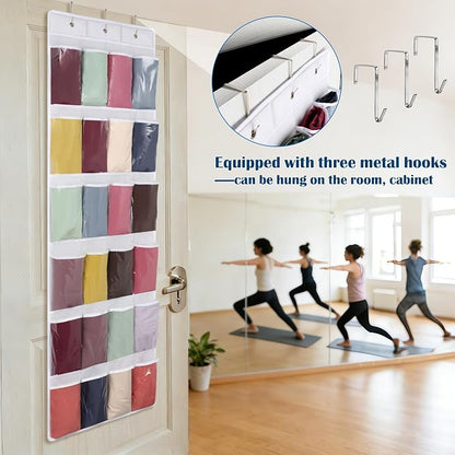 Legging Organizer for Closet，Hanging Yoga Legging Storage with 24 Pockets for Yoga Pants, Tank Top (White)