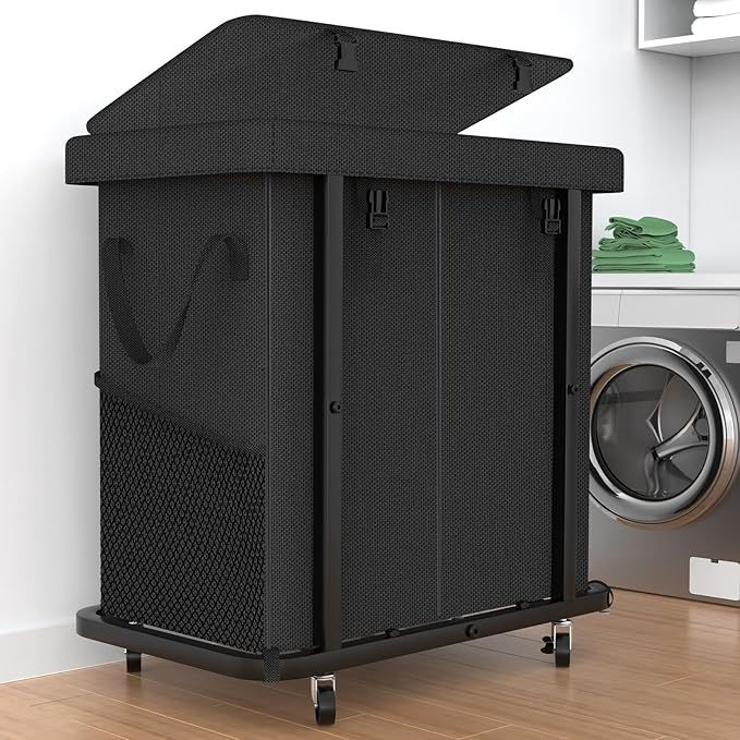 50 Gal(190L) Laundry Basket with Lid, Rolling Laundry Hamper with Wheels, Dirty Clothes Hamper with Metal Frame and Removable Bag Design, Suitable for Laundry Room, Bedroom(Black, 2 Section 190L)