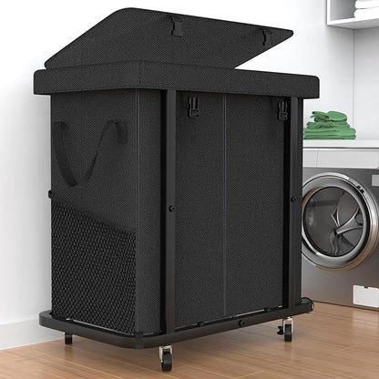 50 Gal(190L) Laundry Basket with Lid, Rolling Laundry Hamper with Wheels, Dirty Clothes Hamper with Metal Frame and Removable Bag Design, Suitable for Laundry Room, Bedroom(Black, 2 Section 190L)