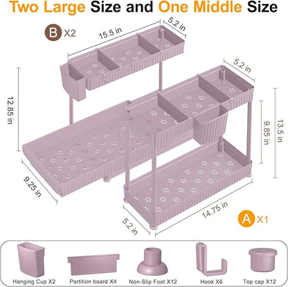 Sevenblue 3 Pack Multi-Purpose Pull-Out Storage Organizers, 2-Tier L-Shaped Under Sink/Cabinet Organizers and Storage for Bathroom & Kitchen,Pink,12.85 Inch