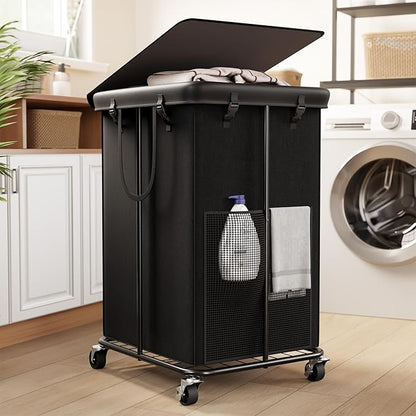 40 Gal Large Laundry Hamper with Lid, Rolling Laundry Basket with Wheels, Oxford Fabric Dirty Clothes Hampers with Removable Laundry Bag & Metal Frame for Bedroom, Laundry Room, Bathroom, Dorm(Black)