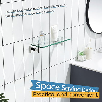 KOKOSIRI Bathroom Shelves Wall Mounted Floating Glass Shelf Polished Stainless Steel 12-Inch Small Hanging Rack for Storage/Room Decor B1105CH-L12