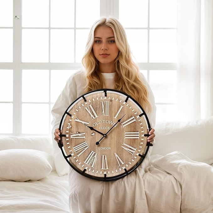 MICWIC 20 Inch Grand Farmhouse Wall Clock, Vintage-Inspired Wood & Metal Design with Large Etched Numbers, Silent Battery-Powered Timepiece for Offices, Kitchens, Bedrooms, and Living Rooms