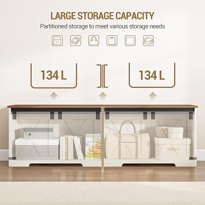 59" Storage Chest, Large Storage Trunk with 2 Hinges, Farmhouse Wooden Box Bench, Lift-Top Organizer Chest, Entryway Trunk for Bedroom, Living Room, White and Brown SB15014X