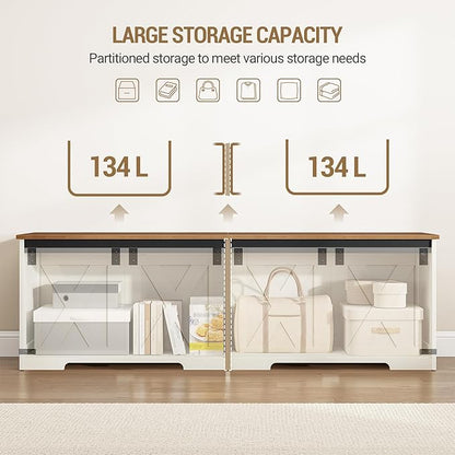 59" Storage Chest, Large Storage Trunk with 2 Hinges, Farmhouse Wooden Box Bench, Lift-Top Organizer Chest, Entryway Trunk for Bedroom, Living Room, White and Brown SB15014X