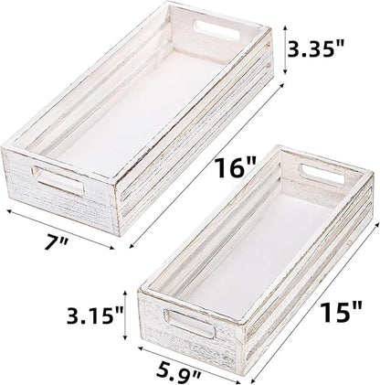 2 Pack Bathroom Decor Box, 16" 15" Wooden Toilet Paper Holder, White Toilet Storage Basket, Toilet Tissue Tray with Handles for Home Decor, Tank Topper, Bathroom Kitchen Counter
