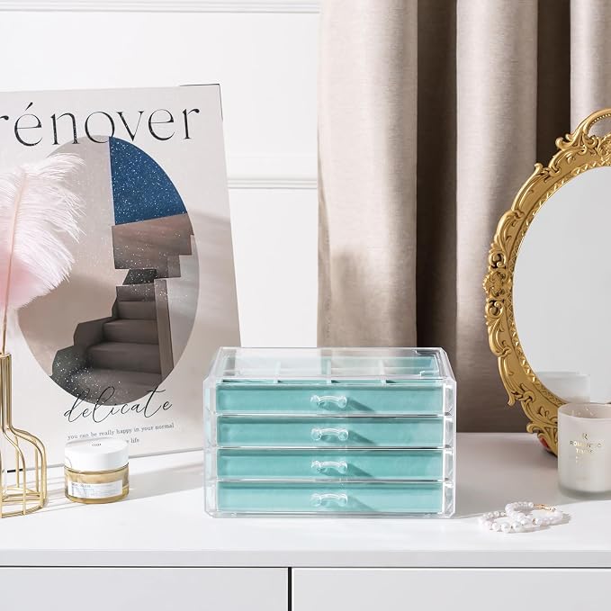 Lolalet Earring Holder Organizer Box Jewelry Storage with 4 Drawers, Clear Acrylic Stackable Earring Case with Adjustable Velvet Trays for Women on Dresser Vanity -Aqua, 4 Layers