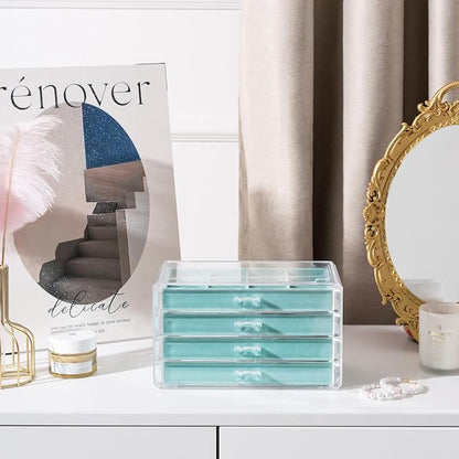 Lolalet Earring Holder Organizer Box Jewelry Storage with 4 Drawers, Clear Acrylic Stackable Earring Case with Adjustable Velvet Trays for Women on Dresser Vanity -Aqua, 4 Layers