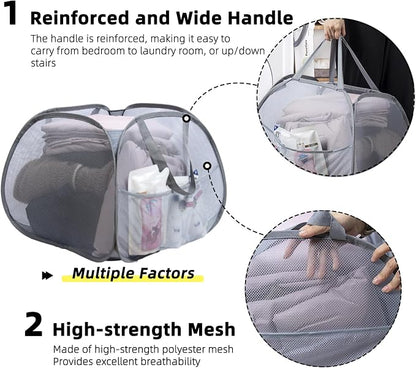 Collapsible Laundry Basket, 90L Foldable Pop-up Laundry Hamper with Handles, Square Mesh Dirty Clothes Hamper for Laundry, Bathroom, Kids Room, Dorm,Travel or Camping (Gray)
