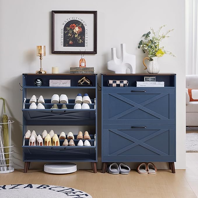 Shoe Storage Cabinet with 2 Flip Drawers, Farmhouse Shoe Organizer for Entryways, Narrow Hidden Rack & Open Storage, Free Standing Closet for Foyers, Hallways, Navy Blue