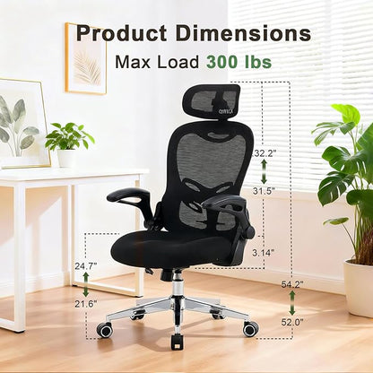 Ergonomic Office Chair - High Back Mesh Computer Desk Chair with Adjustable Lumbar Support, Headrest & Armrests, 300lbs Capacity (Black)