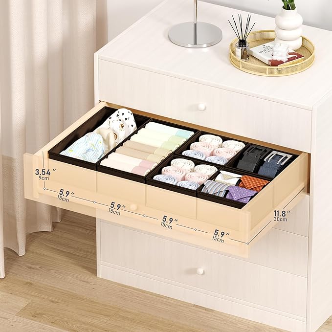 DIMJ Drawer Organizers Clothes, Set of 16 Dresser Organizer Bins, Fabric Closet Organizers and Storage, Shallow Drawer Dividers for Nursery, Clothing, Baby Clothes, Socks, Underwears, Tie (Black)