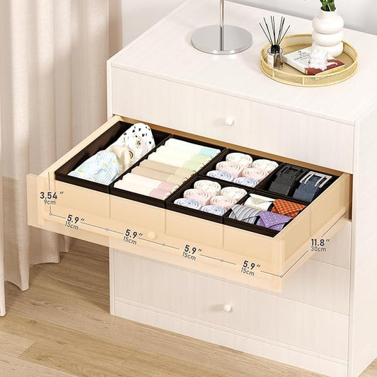 DIMJ Drawer Organizers Clothes, Set of 16 Dresser Organizer Bins, Fabric Closet Organizers and Storage, Shallow Drawer Dividers for Nursery, Clothing, Baby Clothes, Socks, Underwears, Tie (Black)