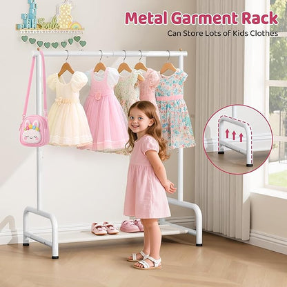 SLEEPING LAMB Kids Clothing Rack, Small Baby Clothes Rack with Bottom Storage Shelf, Kids Dress Up Rack Storage for Coats, Dance Costume Garment Rack for Hanging Clothes, White