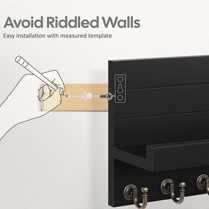Key Holder for Wall: Easy Installation Mail Organizer Wall Mount Hanging Key Rack for Kitchen and Entryway Decor with 5 Sturdy Key Hooks (Black)